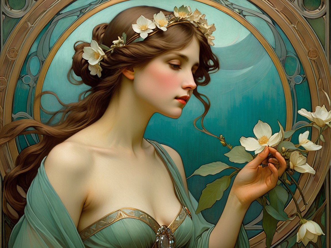 Serene Woman with Floral Crown and Flower in Hand