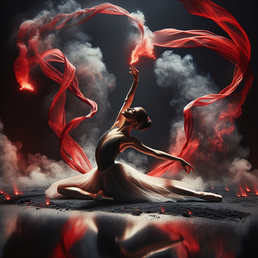 Ballet Dancer Posing with Red Ribbons on Stage