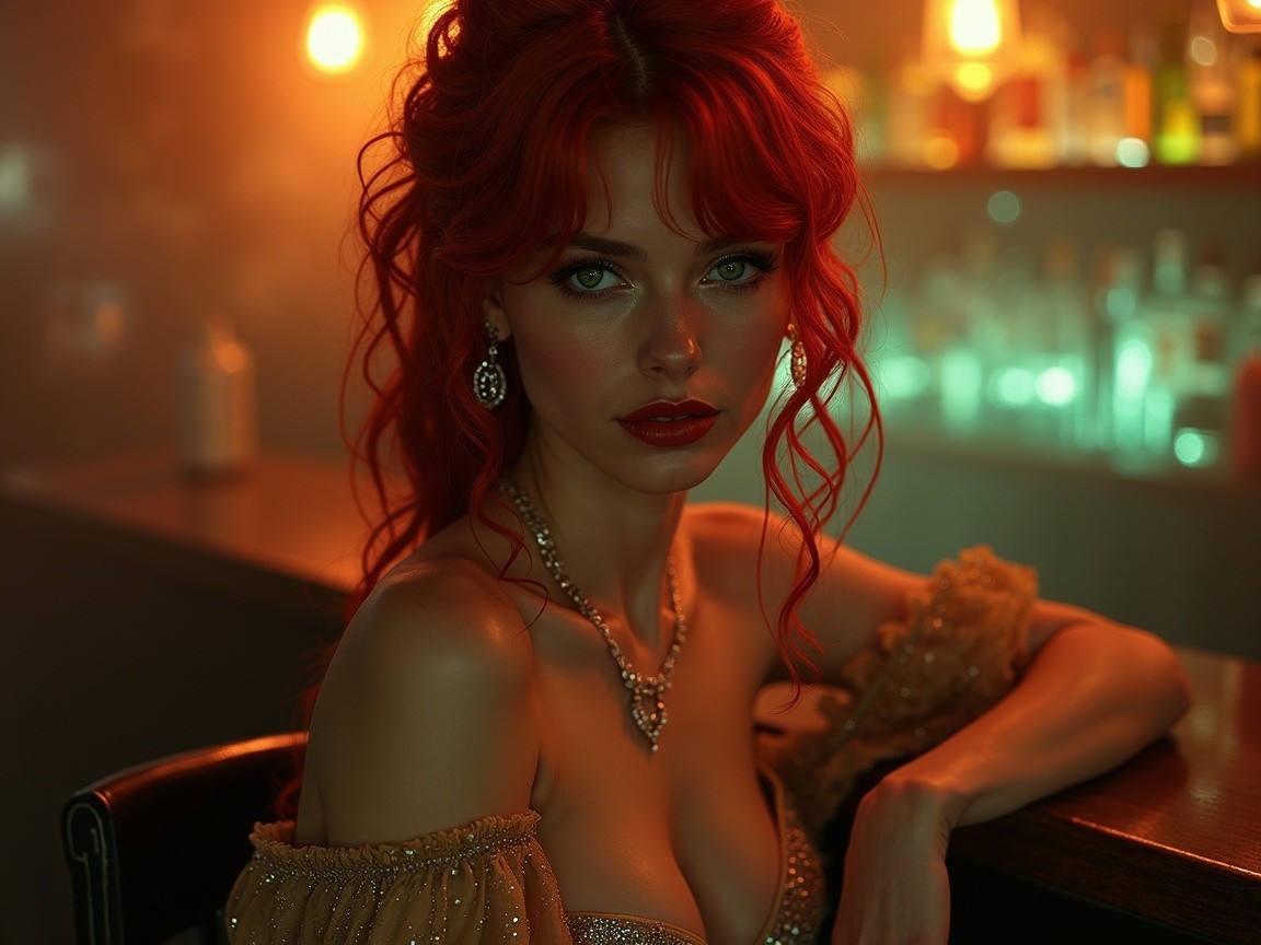 Striking Woman with Red Hair at Dimly Lit Bar