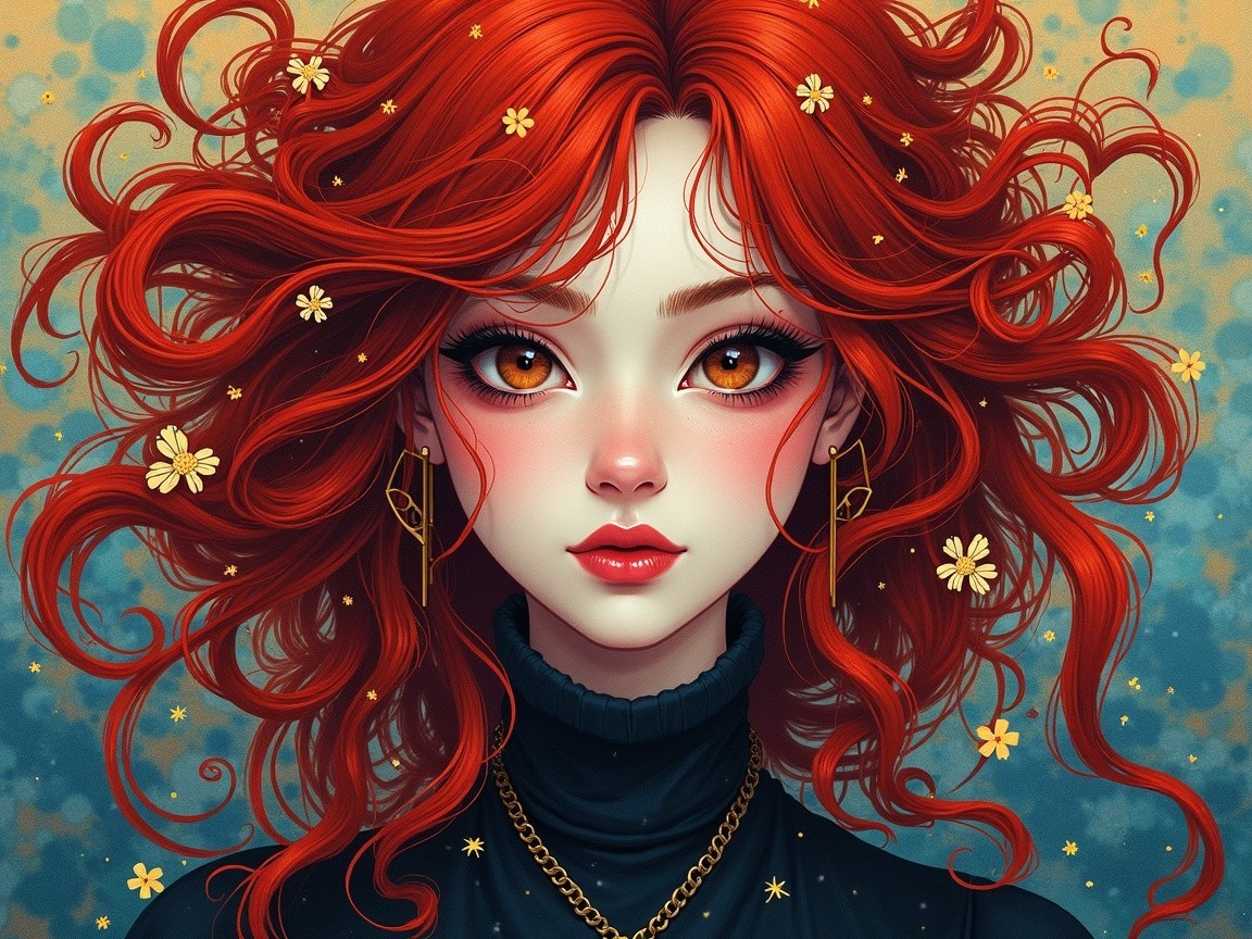 Young woman with red curly hair and floral accents