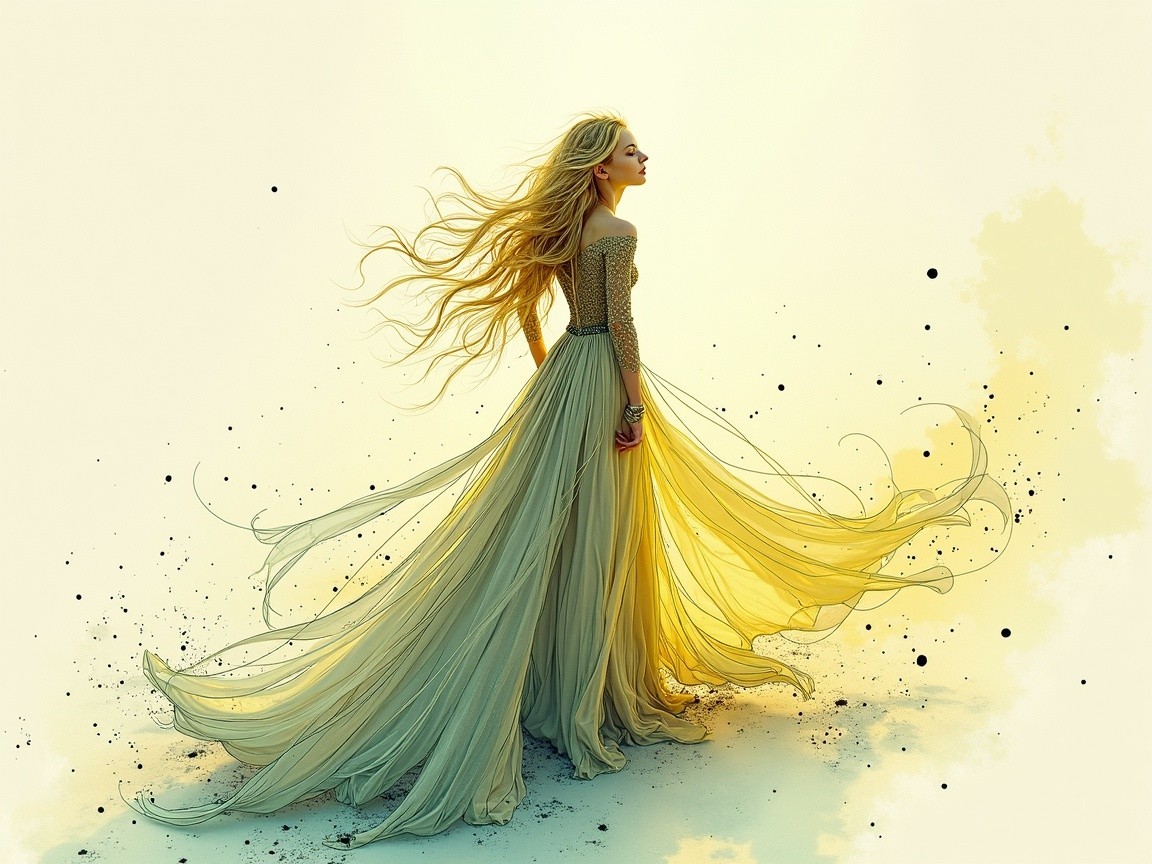 Majestic figure in ethereal gown with soft hues