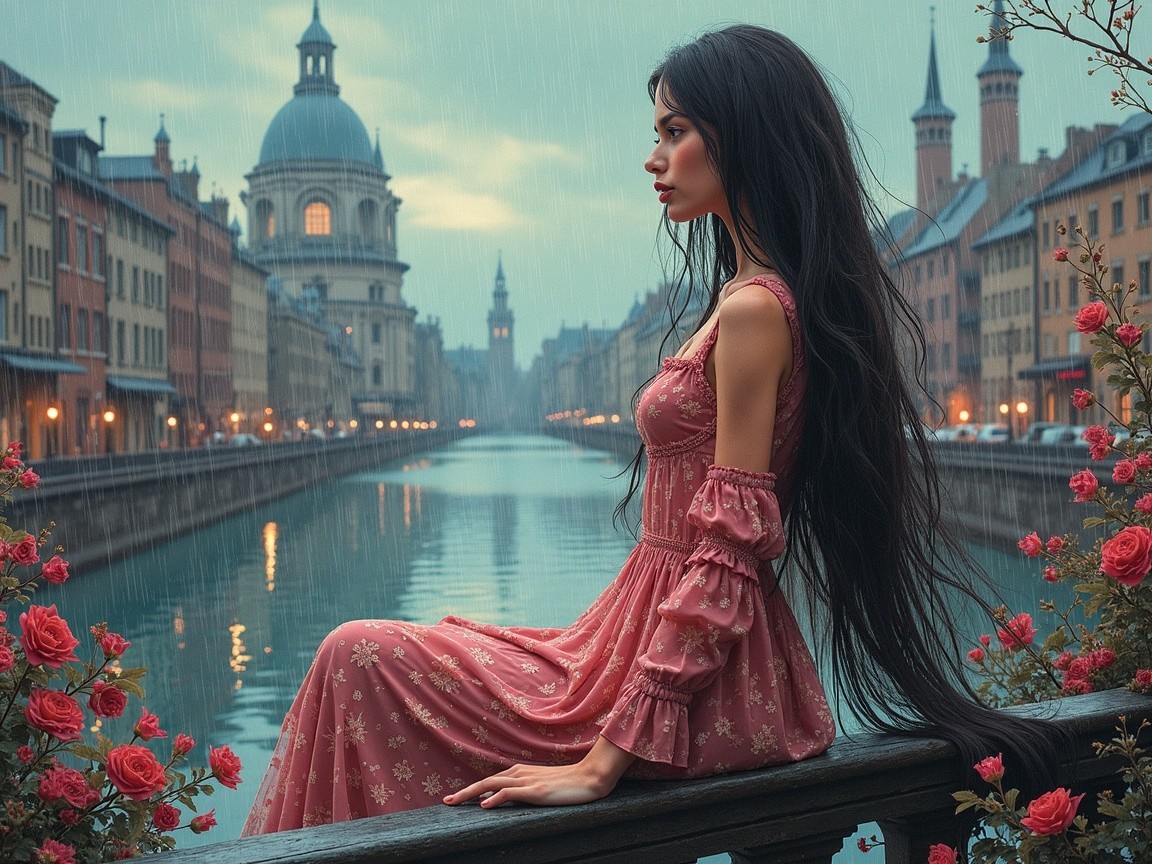 Young Woman in Vintage Dress Against City Landscape