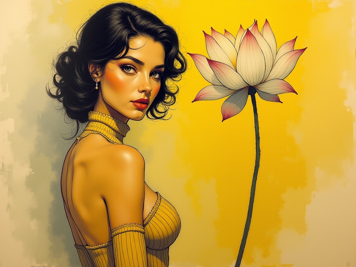 Confident Woman in Yellow with Lotus Flower Background
