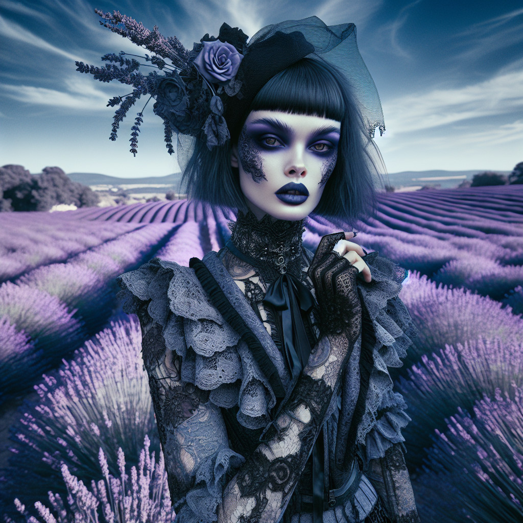 Gothic Figure in Lavender Field with Dramatic Makeup