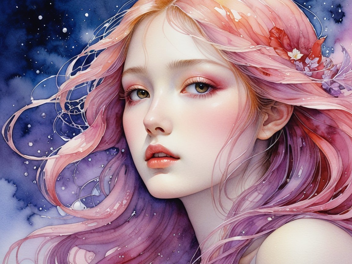 Close-Up Watercolor of Young Woman with Floral Hair