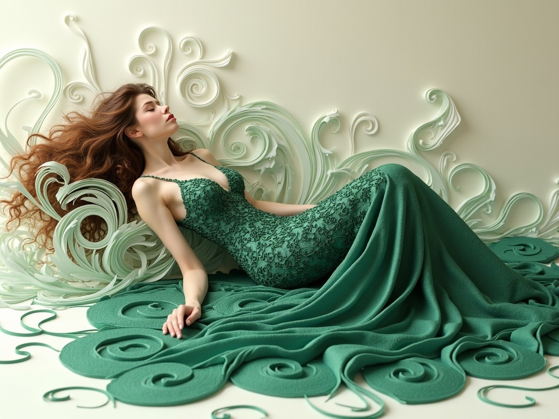 Model in emerald gown against swirling green backdrop