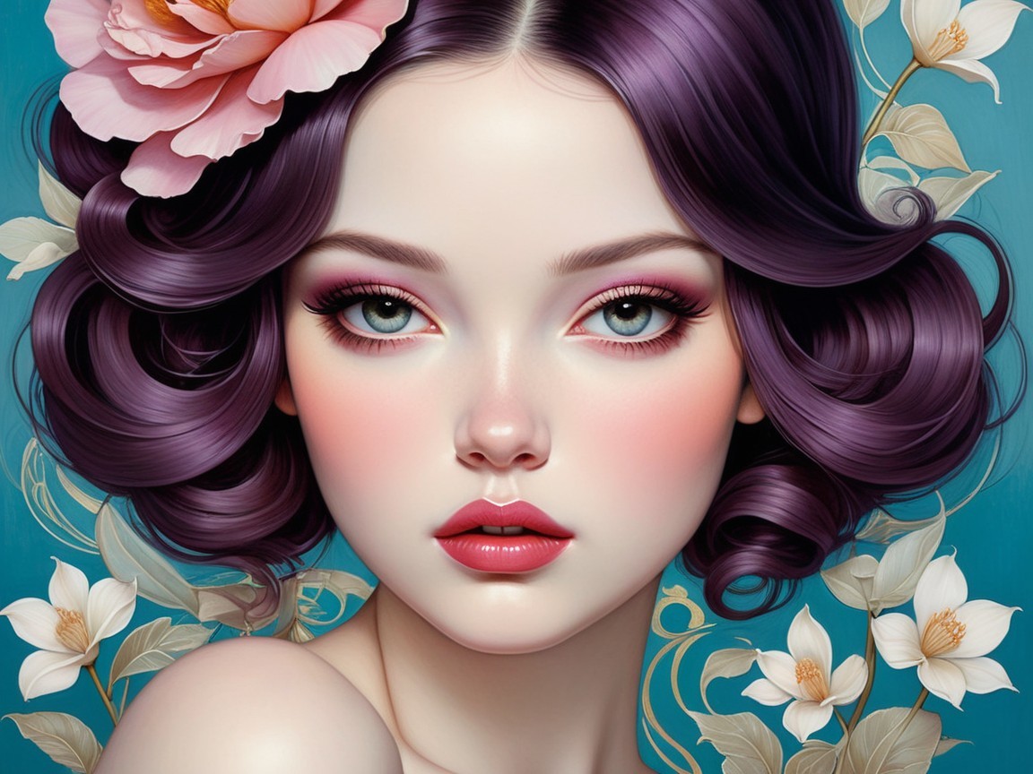 Portrait of a Young Woman with Purple Curls and Flowers