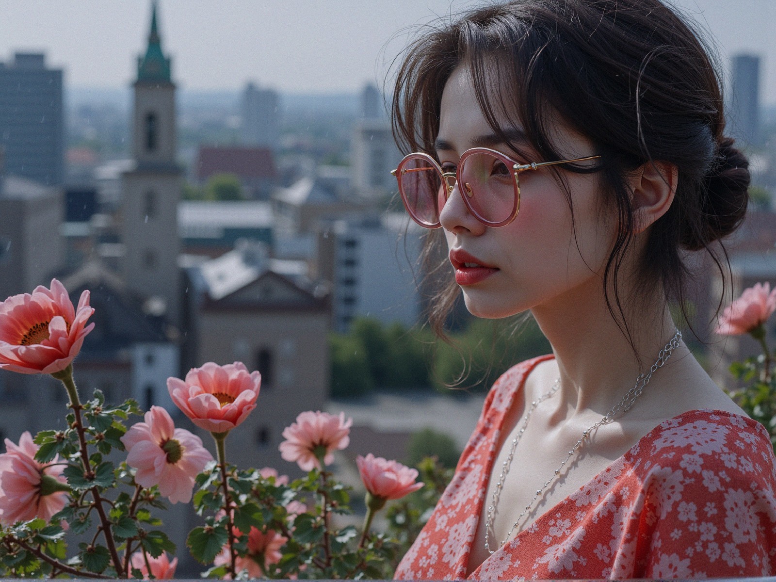 Young woman in floral dress by pink flowers
