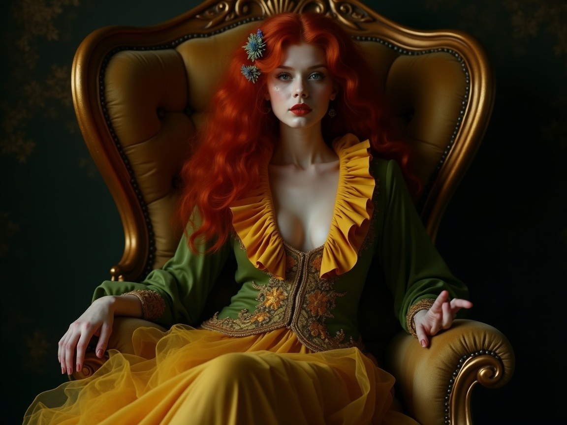 Woman in Green Dress Sitting in Golden Chair