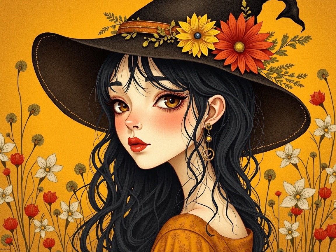 Young woman in witch's hat with wildflowers backdrop