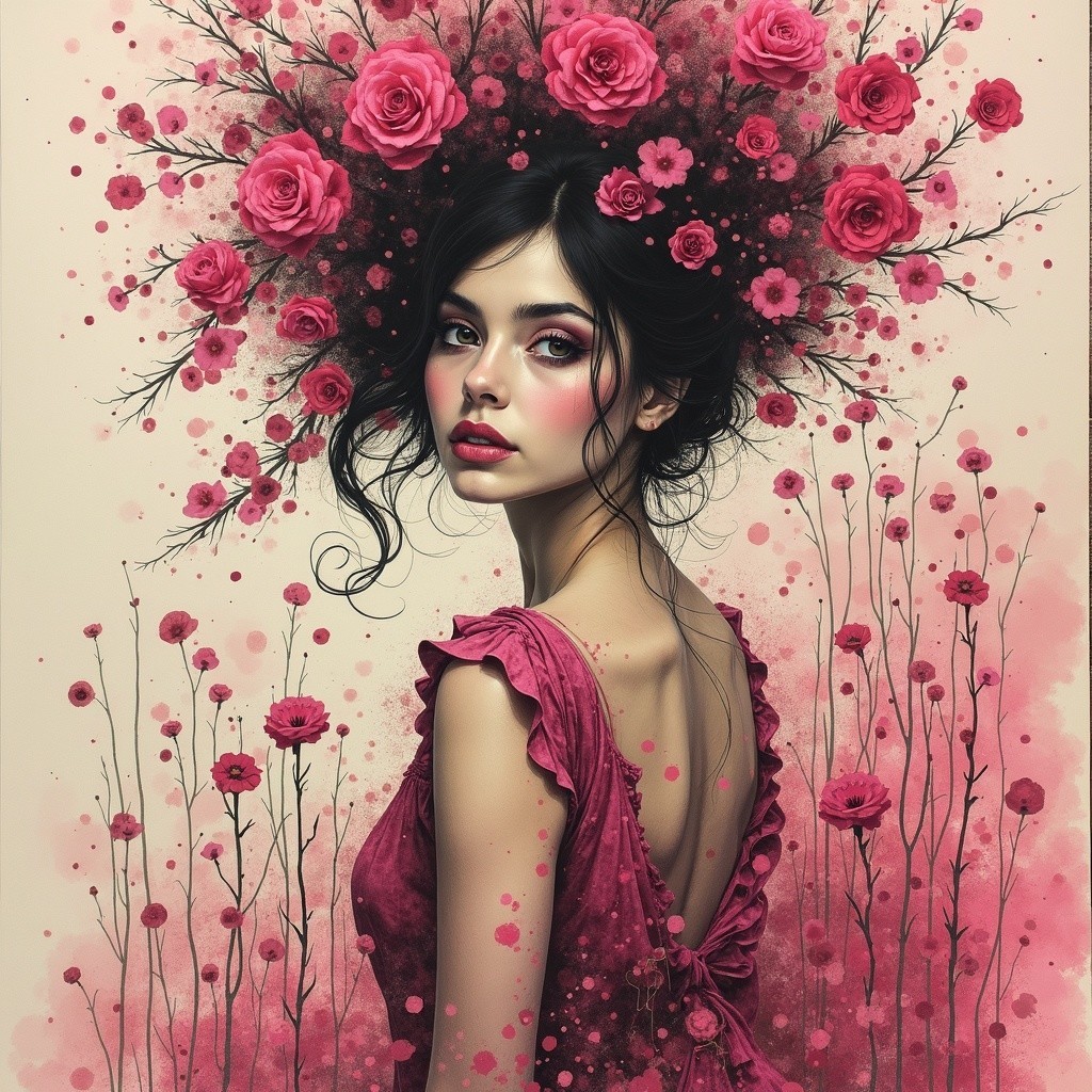 Young Woman in Pink Dress with Floral Headdress