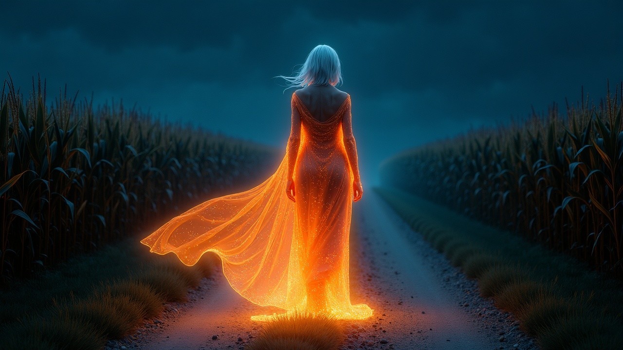 Figure in Glowing Orange Gown at Cornfield Edge