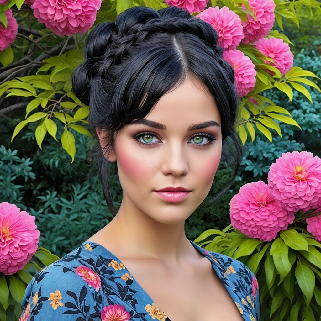 Young Woman in Blue Dress Surrounded by Pink Flowers