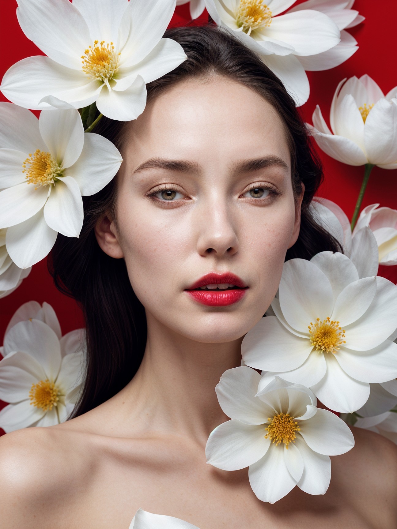 Portrait of a Woman with Flowers on Red Background