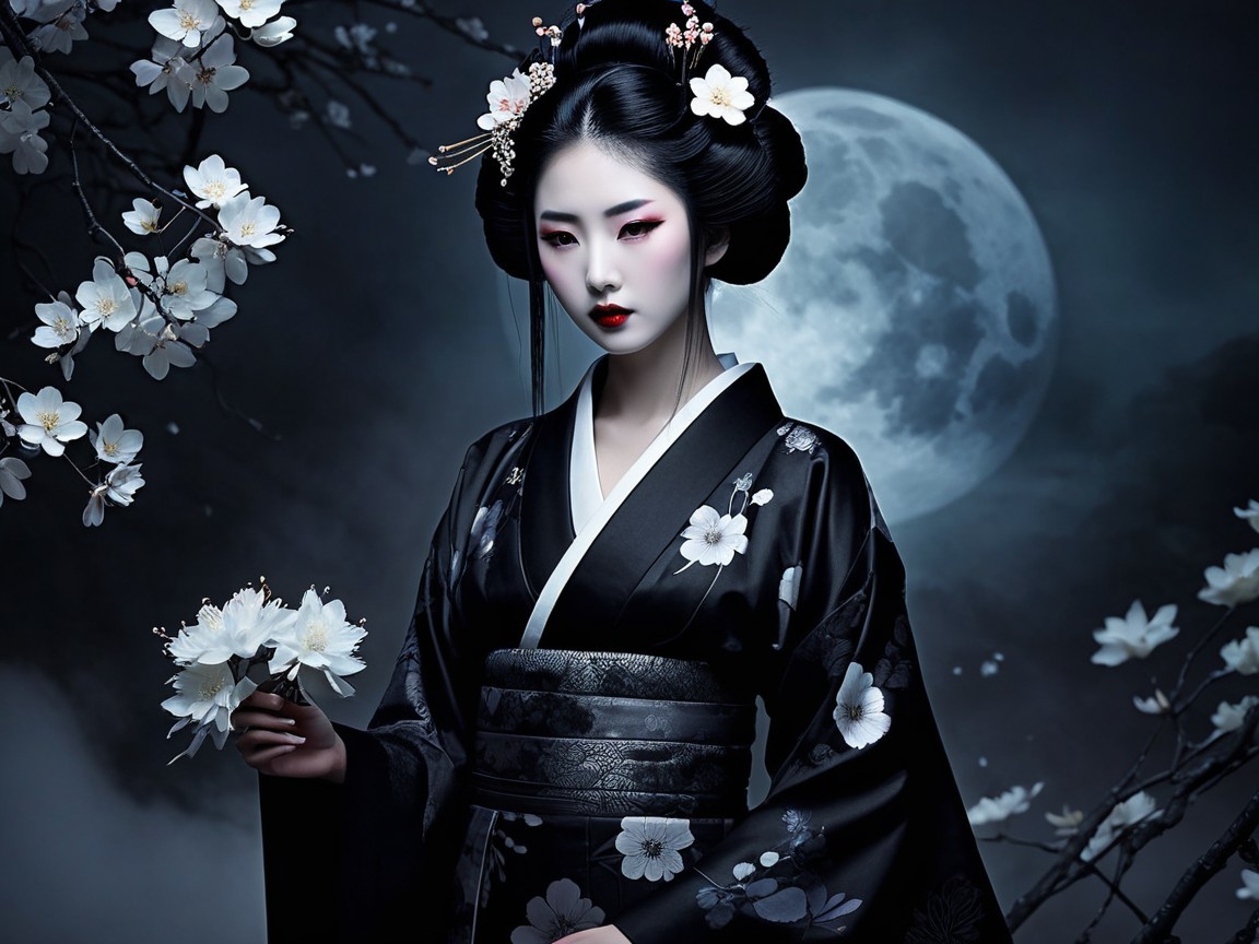 Serene Figure in Black Kimono Under Full Moon