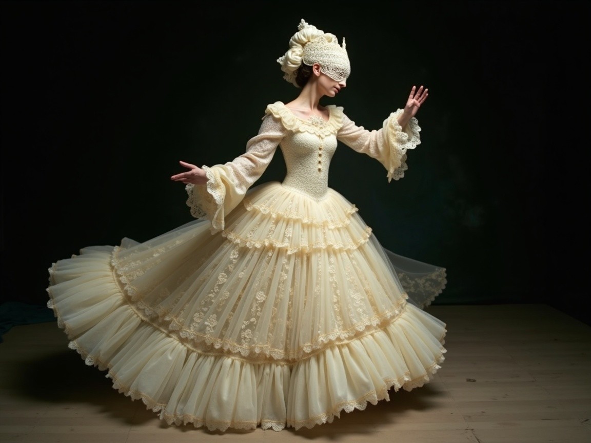 Vintage-Inspired Gown with Lace and Ruffled Sleeves