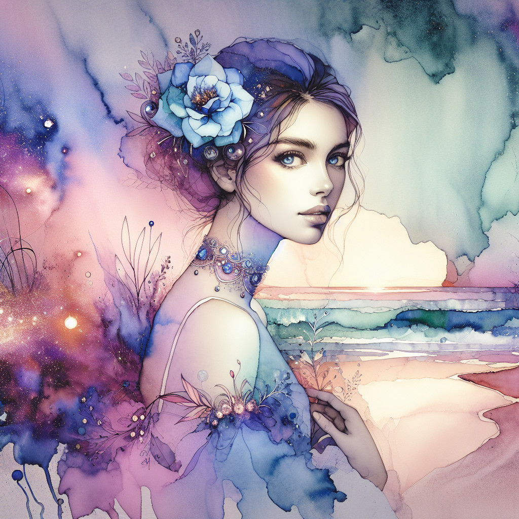 Ethereal Woman with Flowing Hair and Floral Elements