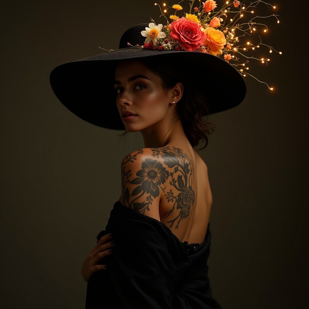 Elegant Woman in Black Hat with Floral Tattoo