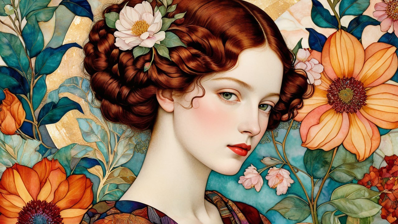 Serene Woman with Auburn Hair and Blooming Flora