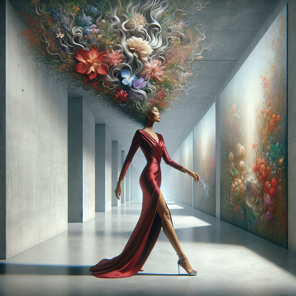 Elegant figure in red gown within floral corridor