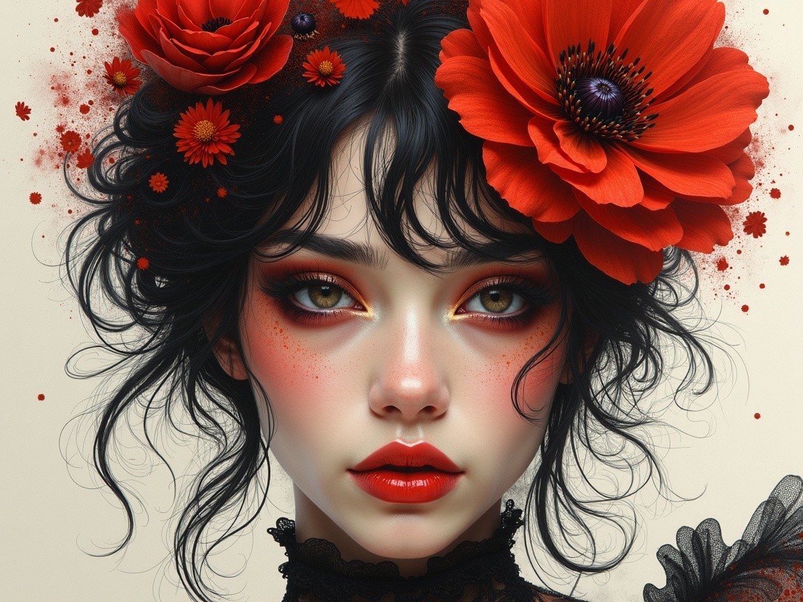 Portrait of a Young Woman with Bold Makeup and Flowers