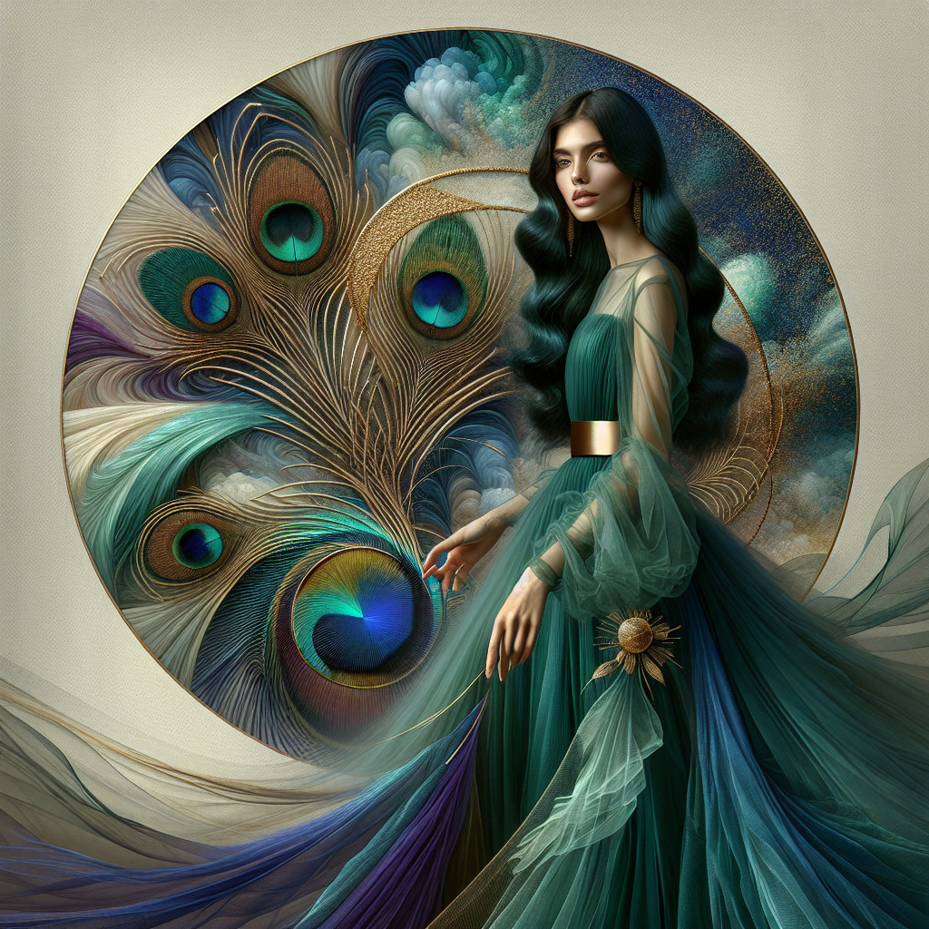 Elegant Woman in Green Gown with Peacock Feather Design
