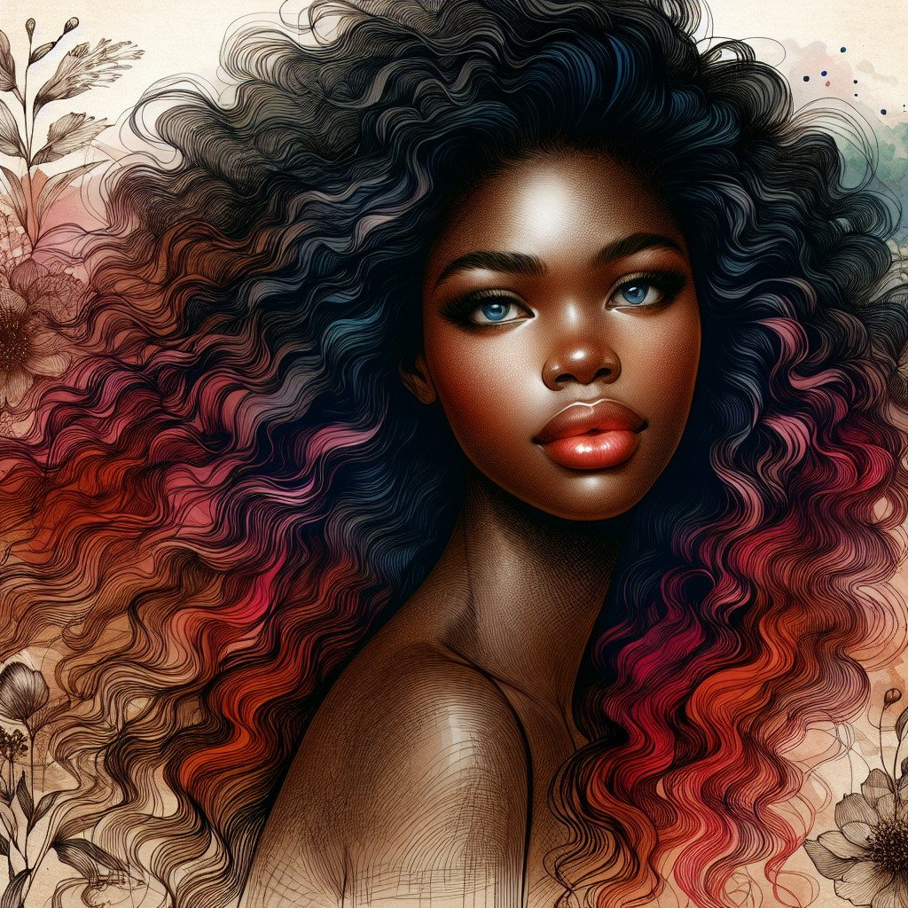 Portrait of a Young Woman with Curly Hair and Floral Patterns