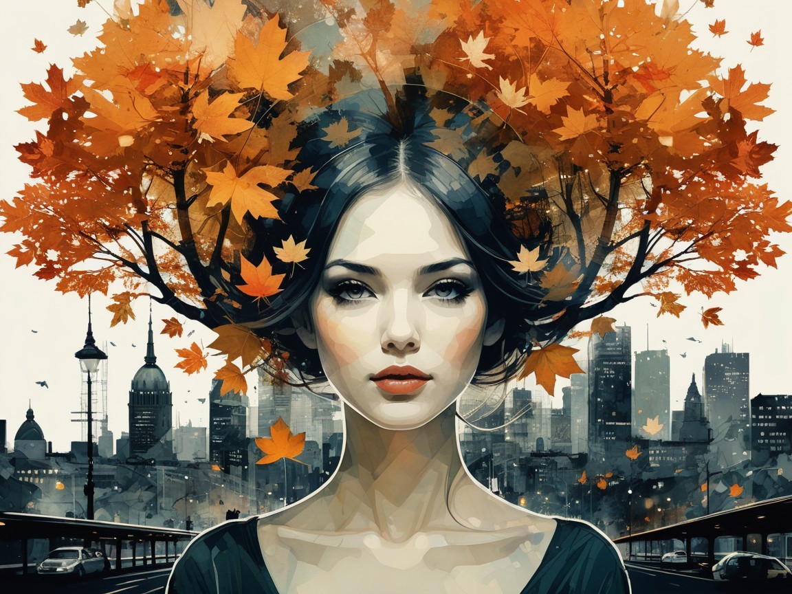 Woman with Autumn Leaves Against City Skyline