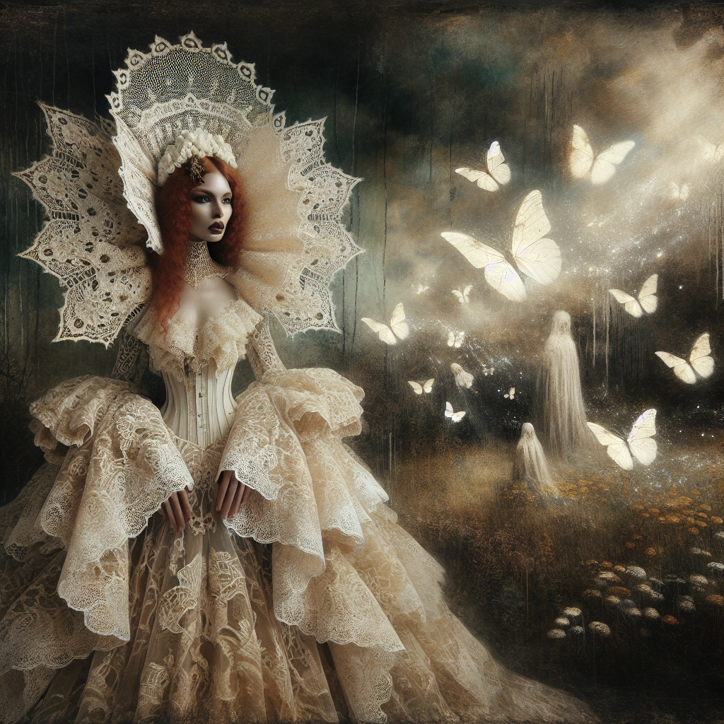 Ornate gown with striking figure and ethereal backdrop