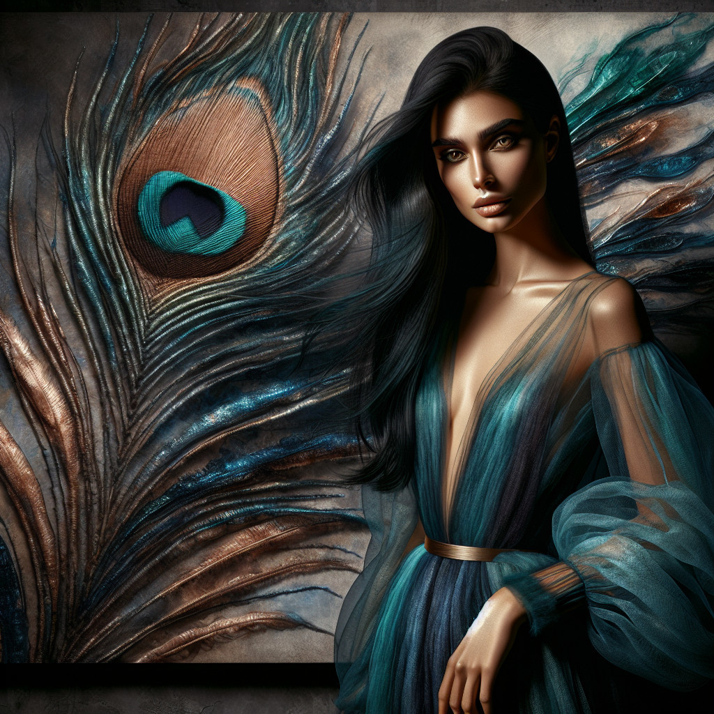 Woman in Translucent Dress Against Peacock Feather Art