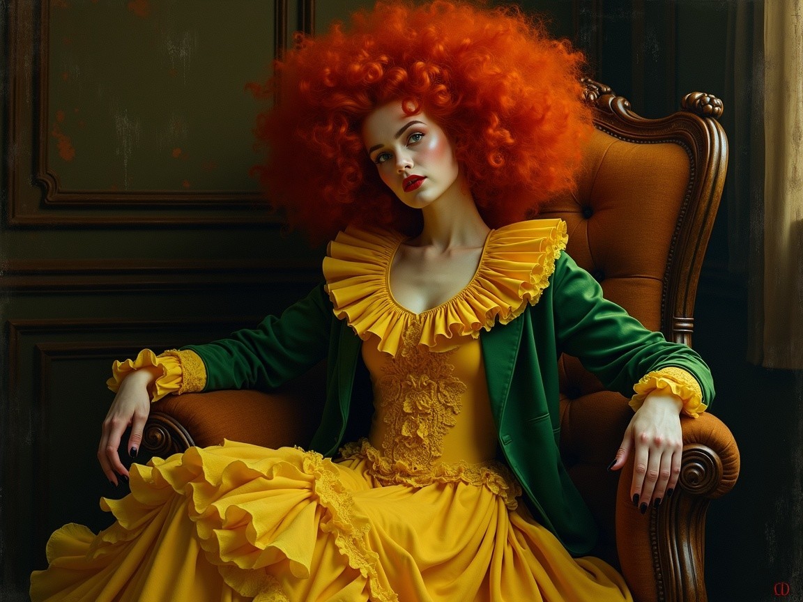 Young woman in vintage armchair with vibrant attire