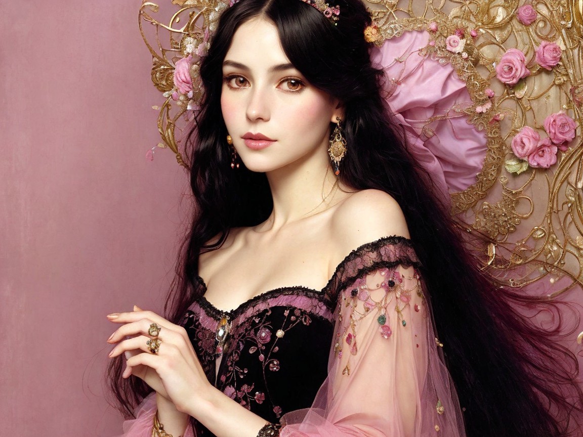 Young woman in black gown with floral backdrop