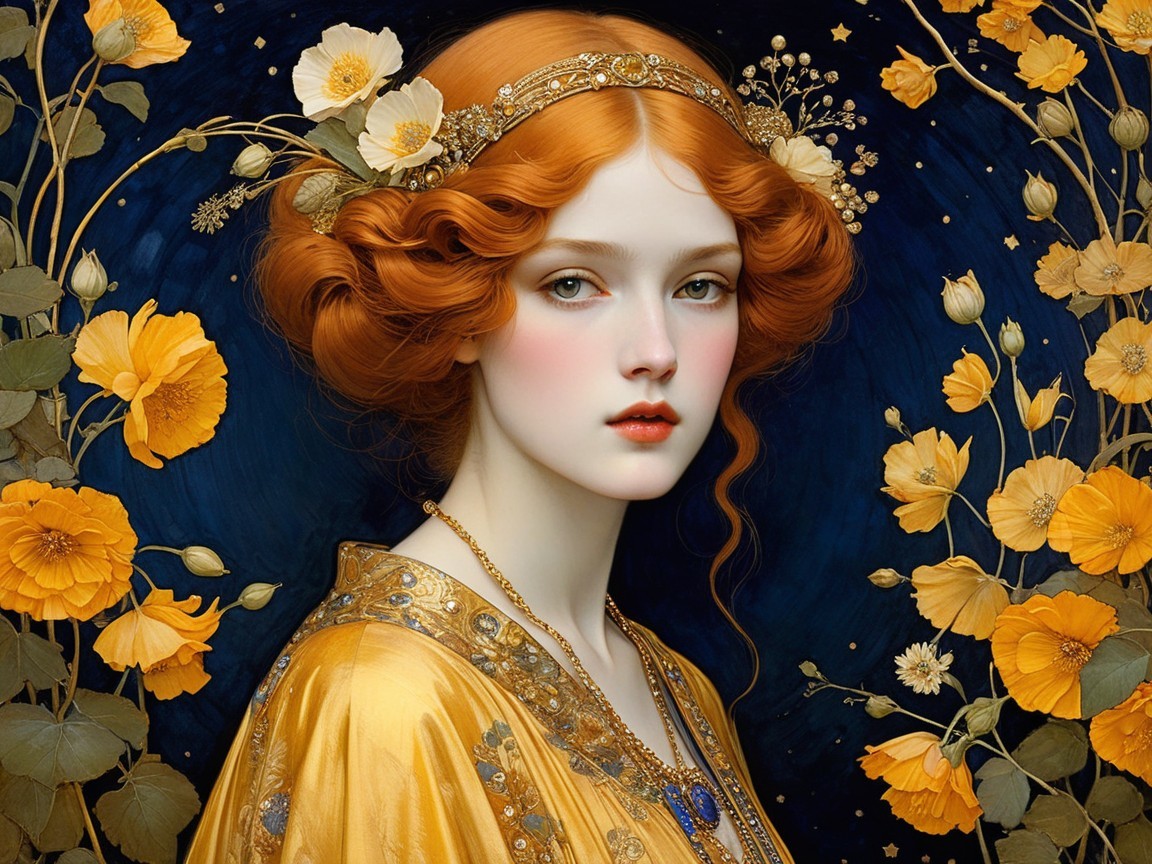 Vibrant Red-Haired Woman in Golden Robe with Flowers