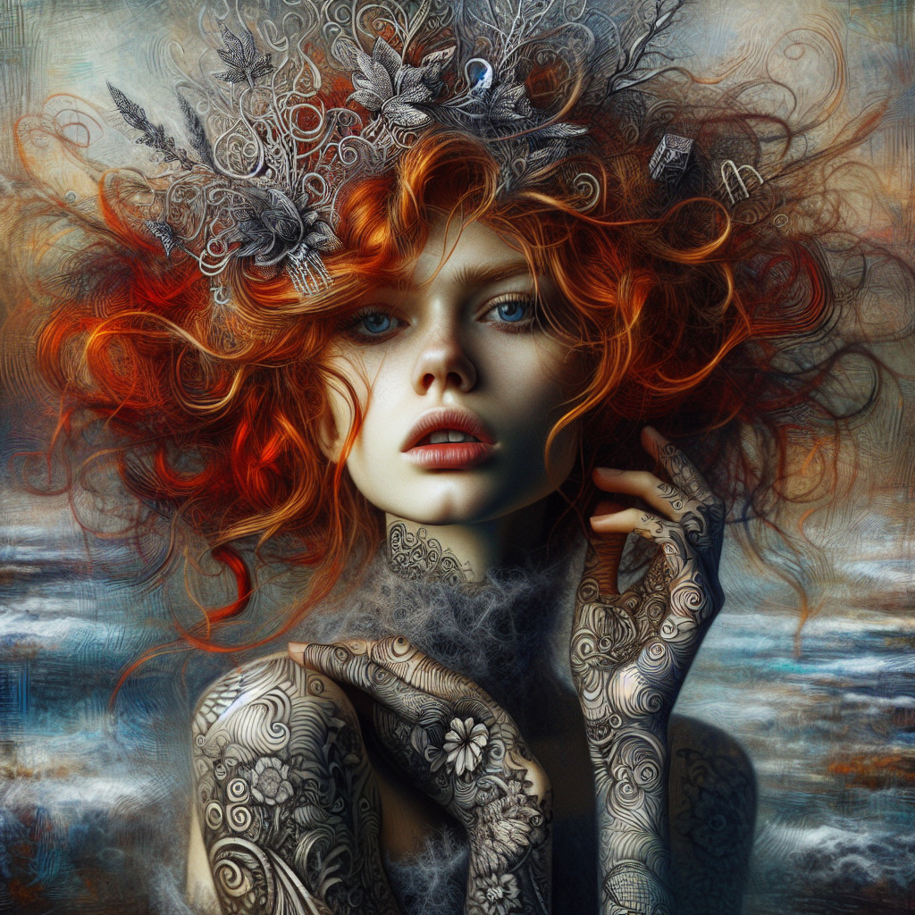 Portrait of a woman with red hair and tattoos