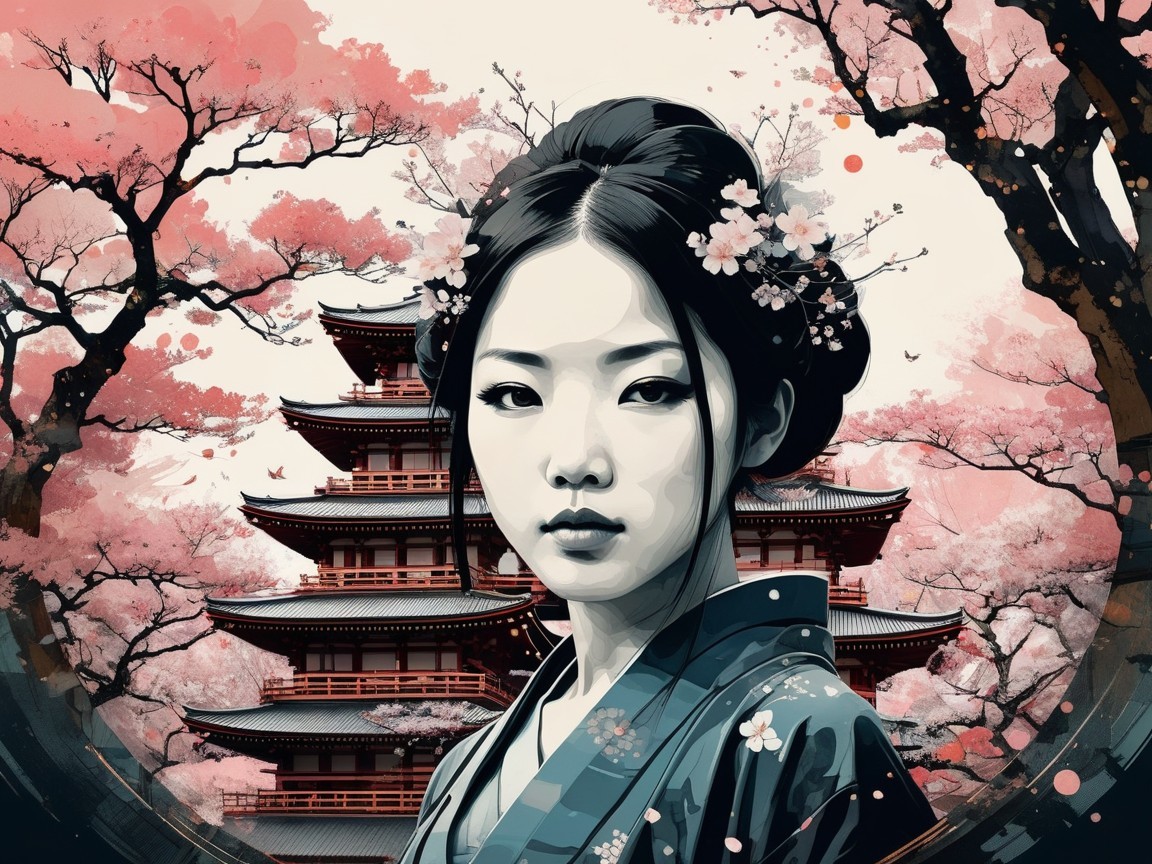 Young Woman in Traditional Attire Amid Cherry Blossoms