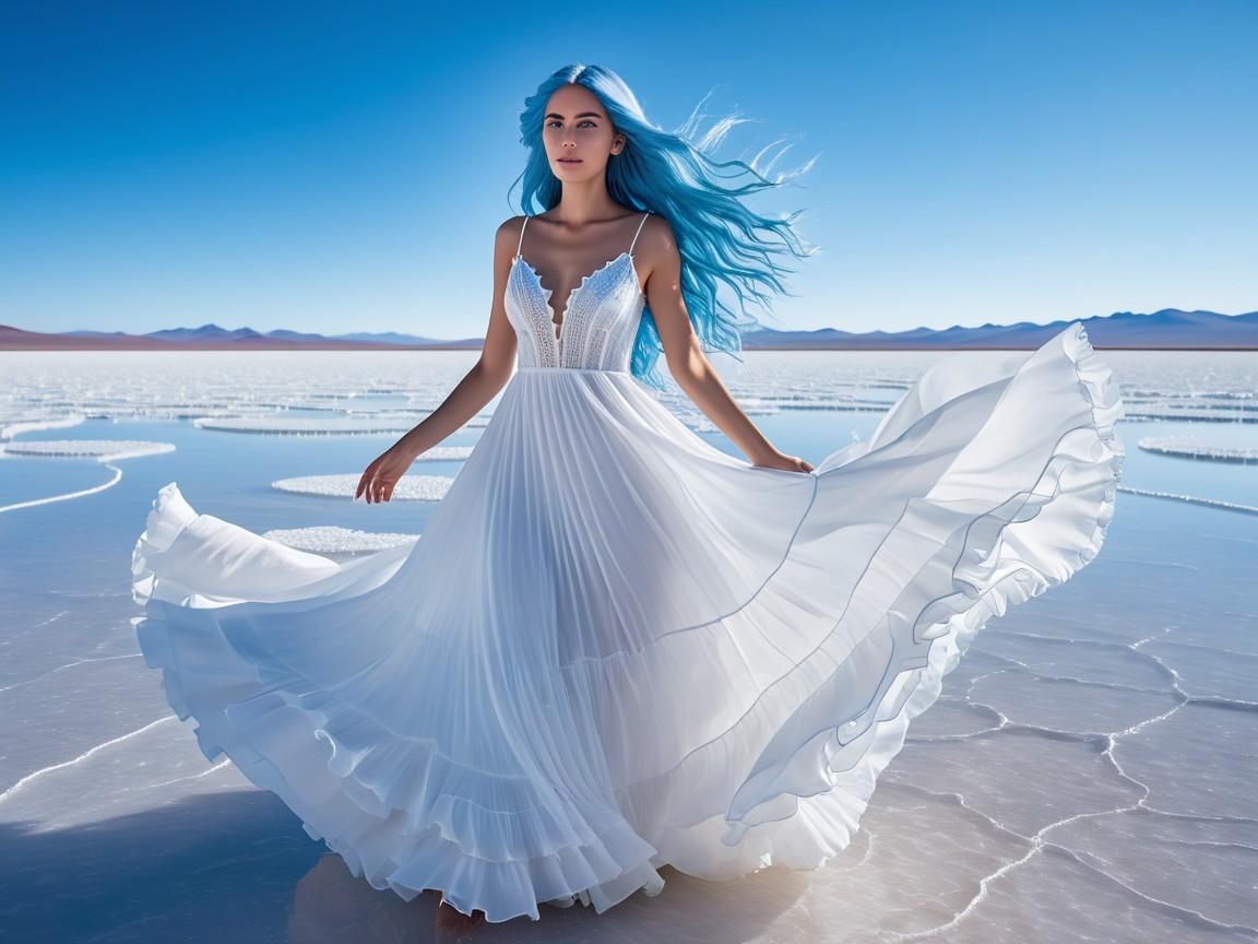 Young woman in white dress on shimmering salt flat