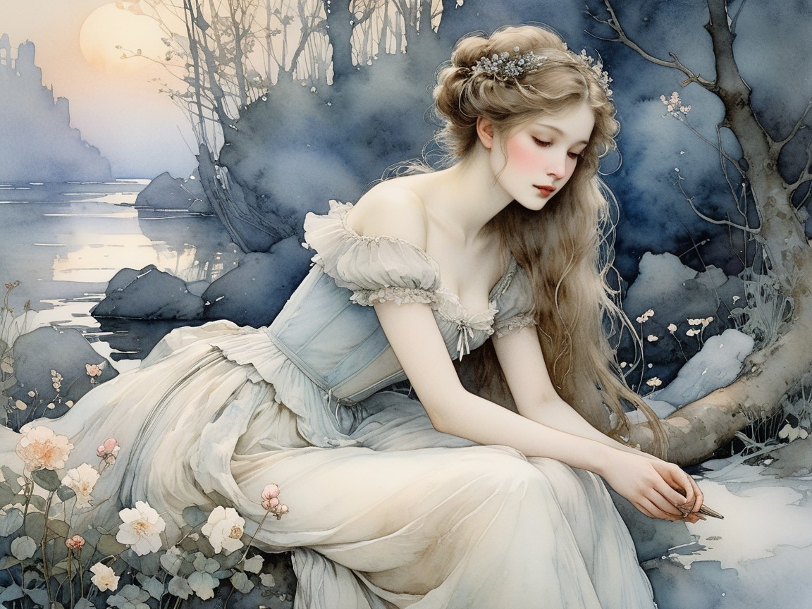 Serene Woman in Blue Gown by Tranquil Water and Flowers