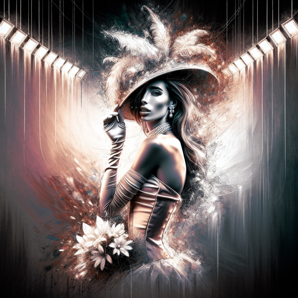 Elegant Woman in Glamorous Gown with Dramatic Backdrop