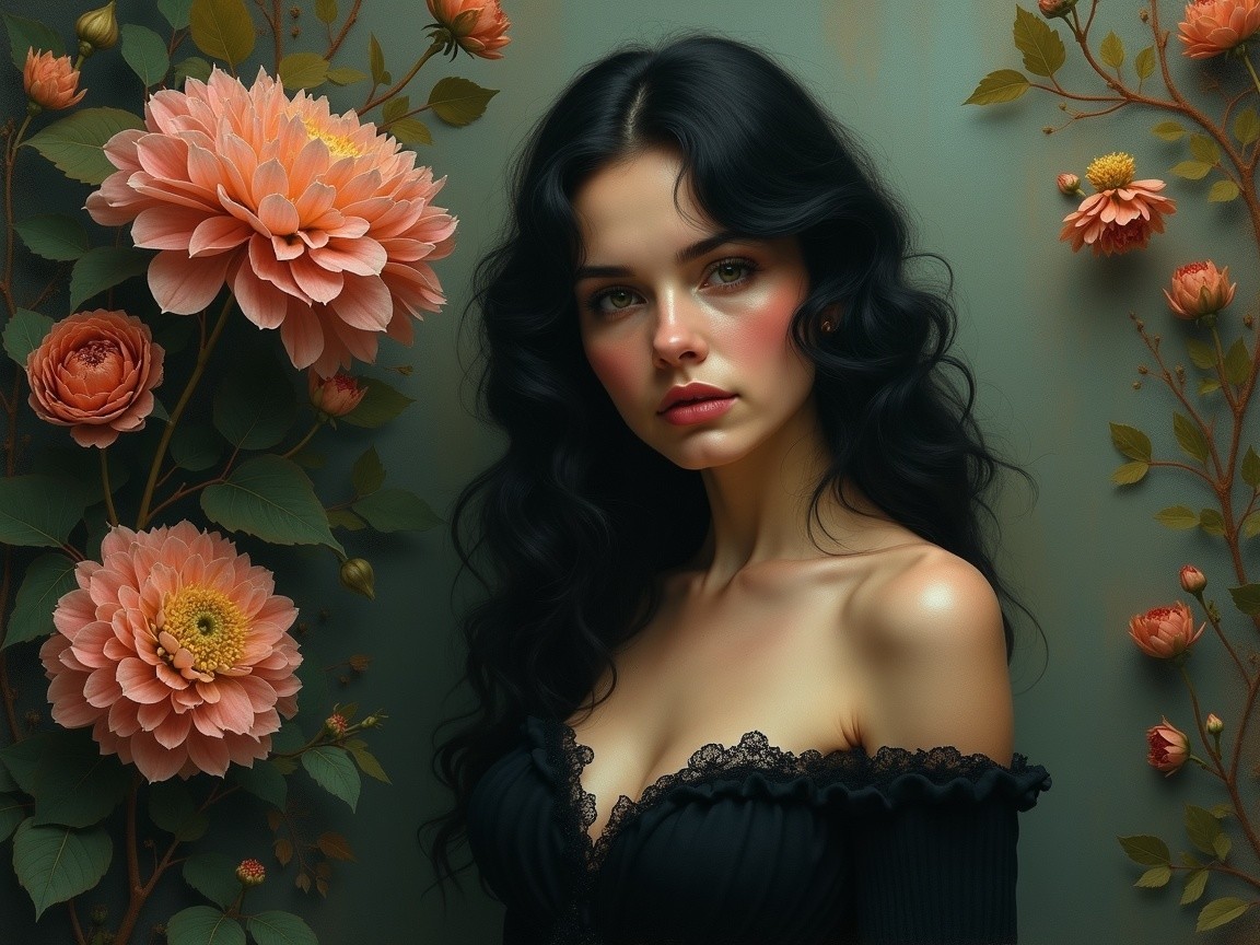 Portrait of a Young Woman Surrounded by Flowers