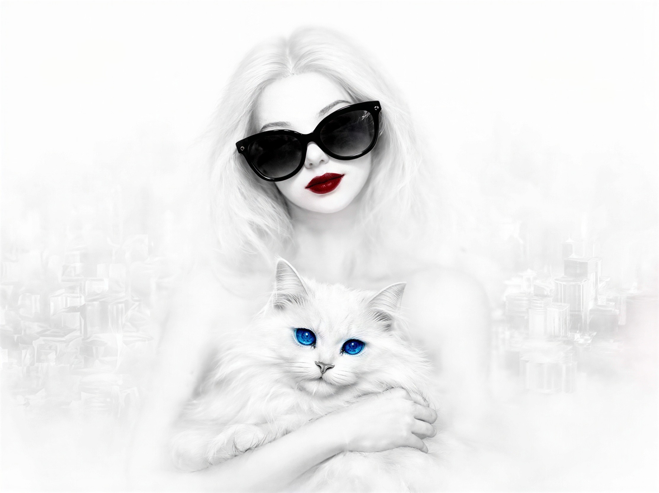 High-contrast digital painting of a woman with kitten