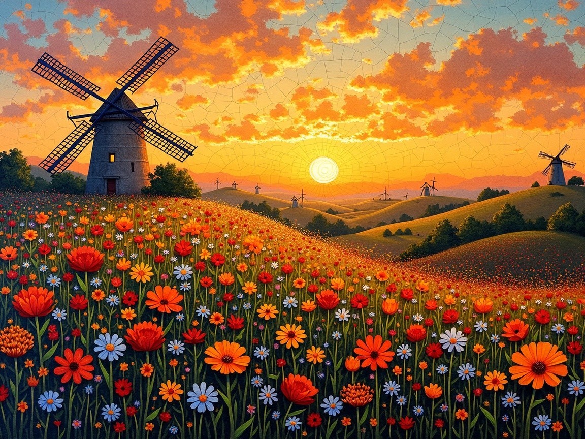 Vibrant Landscape with Colorful Flowers and Windmills