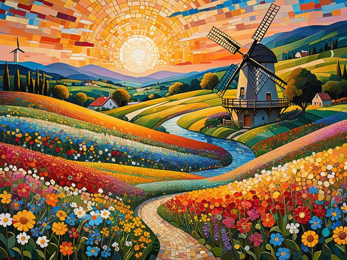 Charming Windmill in a Colorful Flower Landscape
