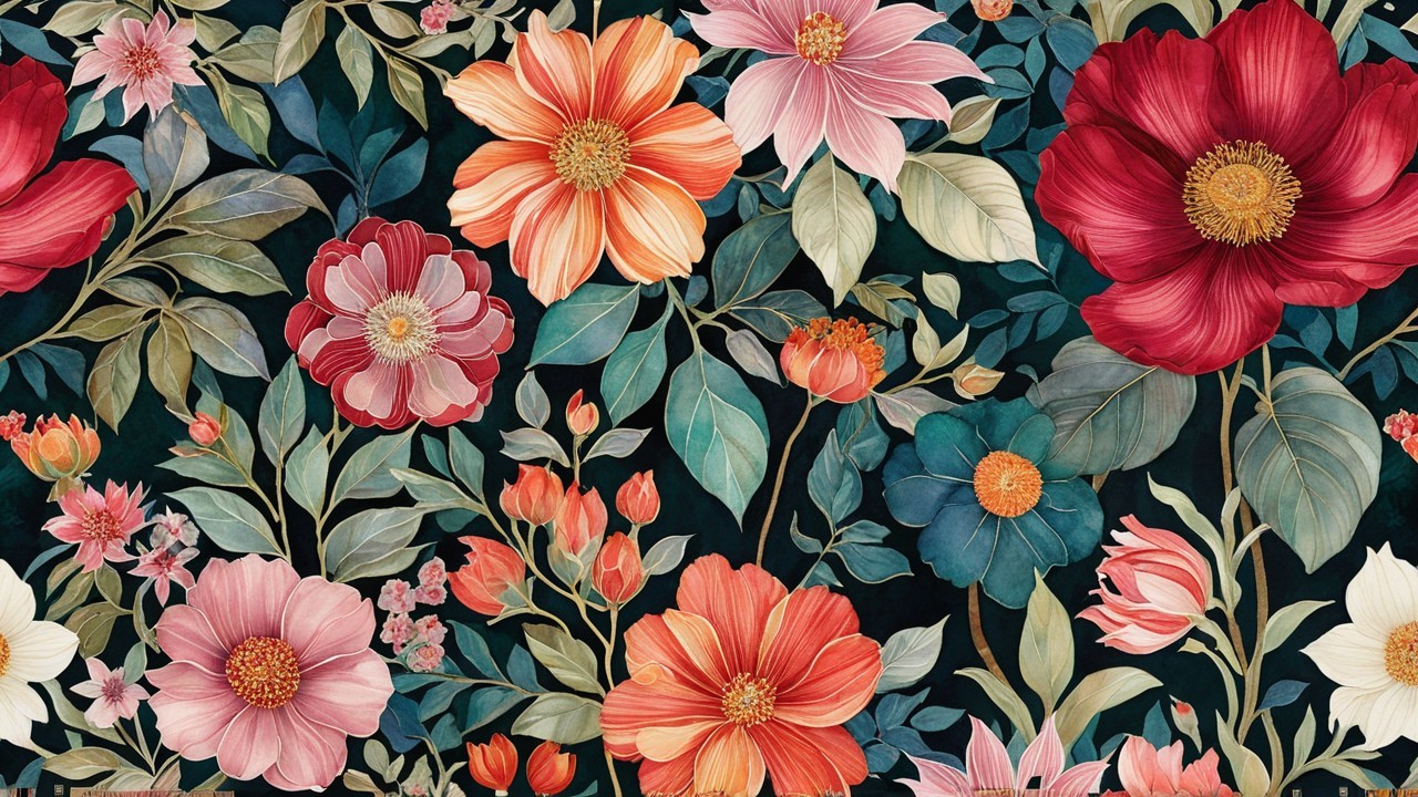 Vibrant Floral Pattern with Colorful Flowers and Leaves