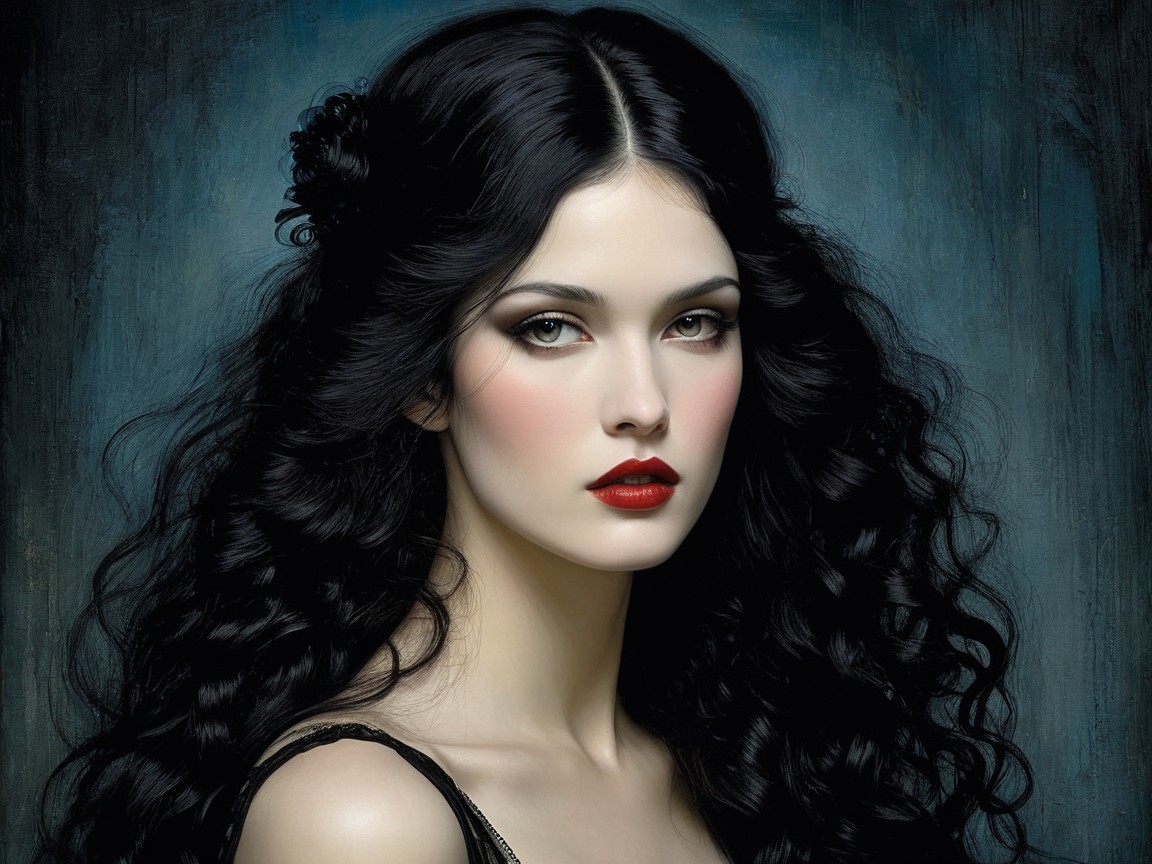 Young woman with black hair and porcelain skin