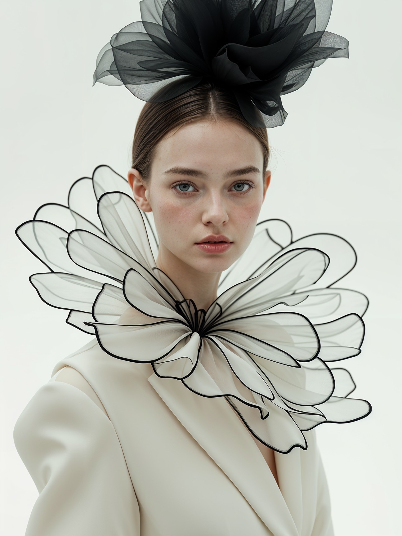 Model with Oversized Floral Collar and Hairpiece