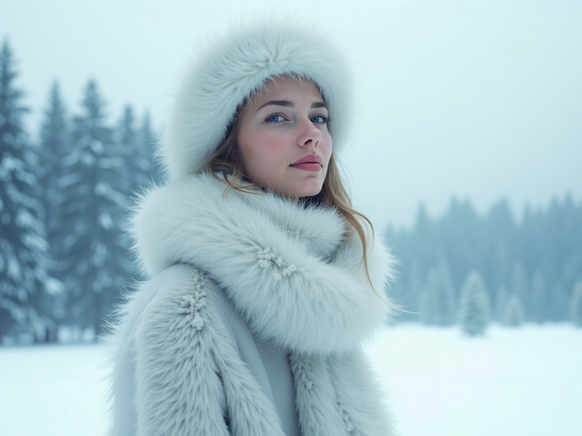 Young woman in snowy landscape with fur accessories