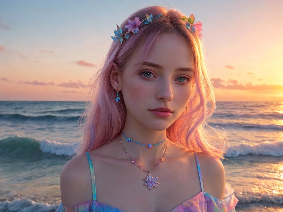 Serene beach scene with young woman at sunset