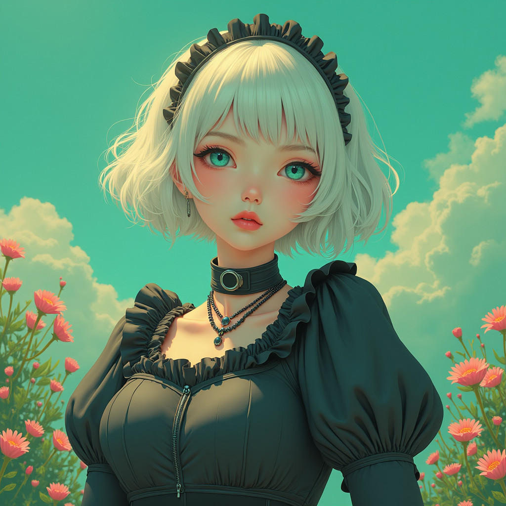Character with Platinum Blonde Hair and Floral Background