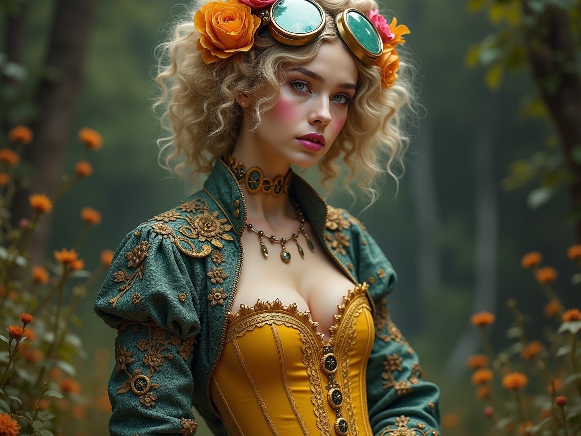 Young woman in floral setting with vibrant attire