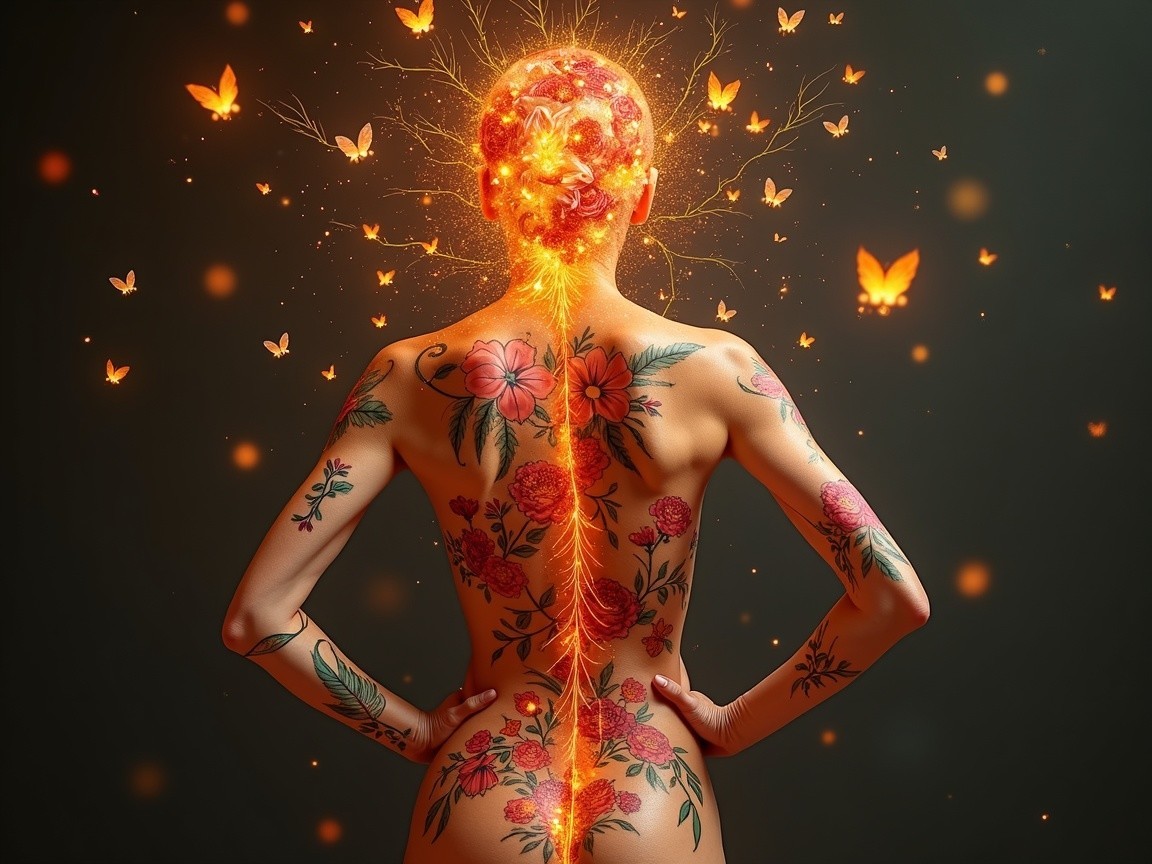 Tattooed Woman Surrounded by Light and Butterflies